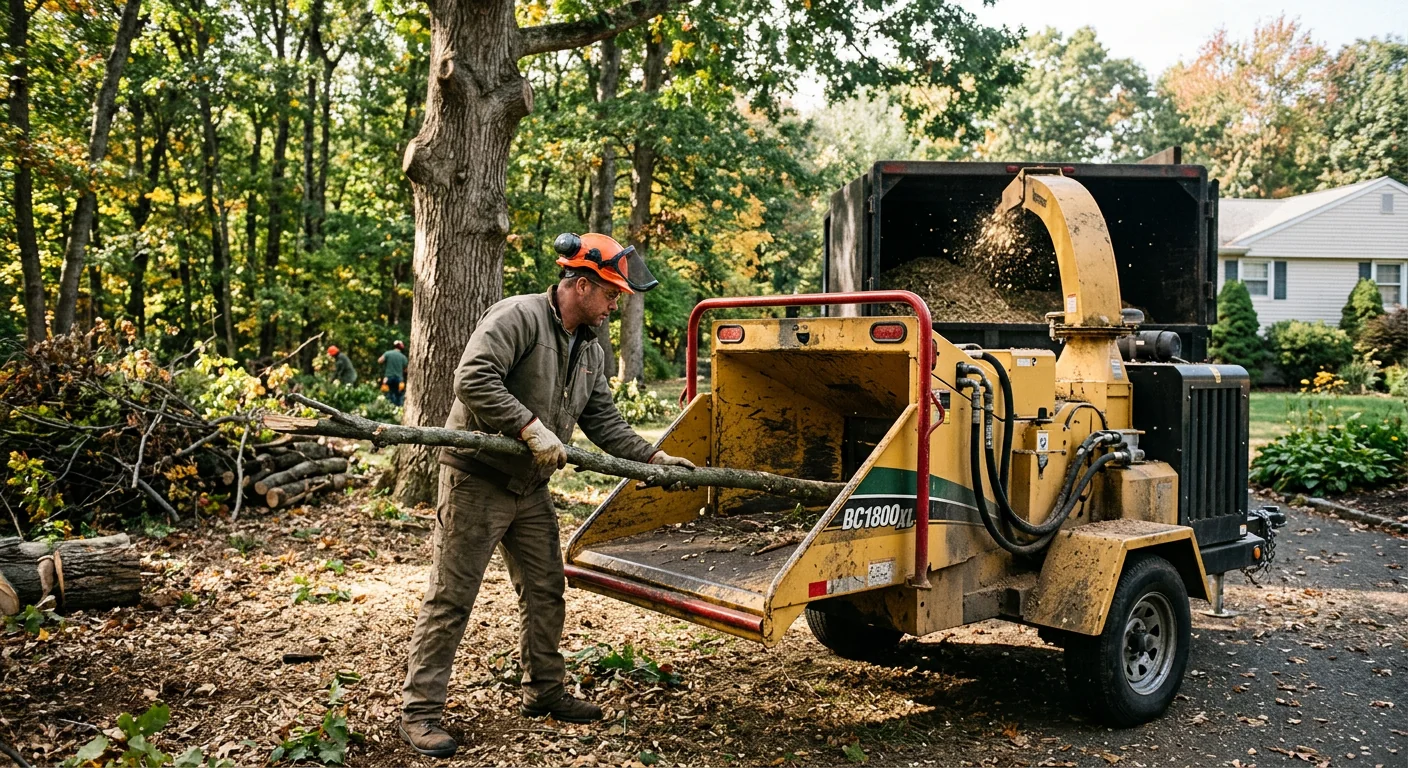 Technician operating a commercial brush chipper during a clearing project in Ansonia