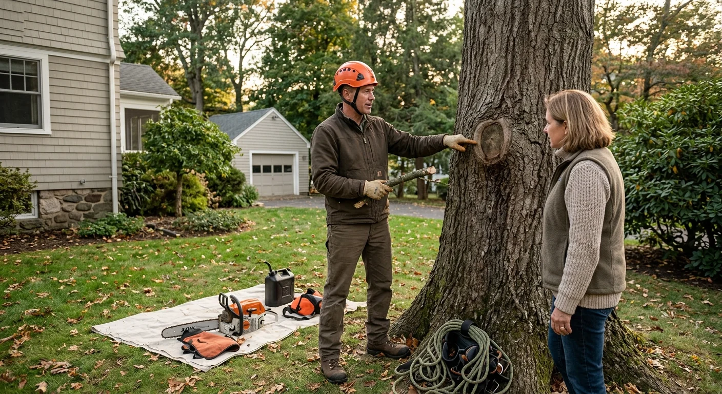 Mobile crane lifting a large tree section over a residential Ansonia property