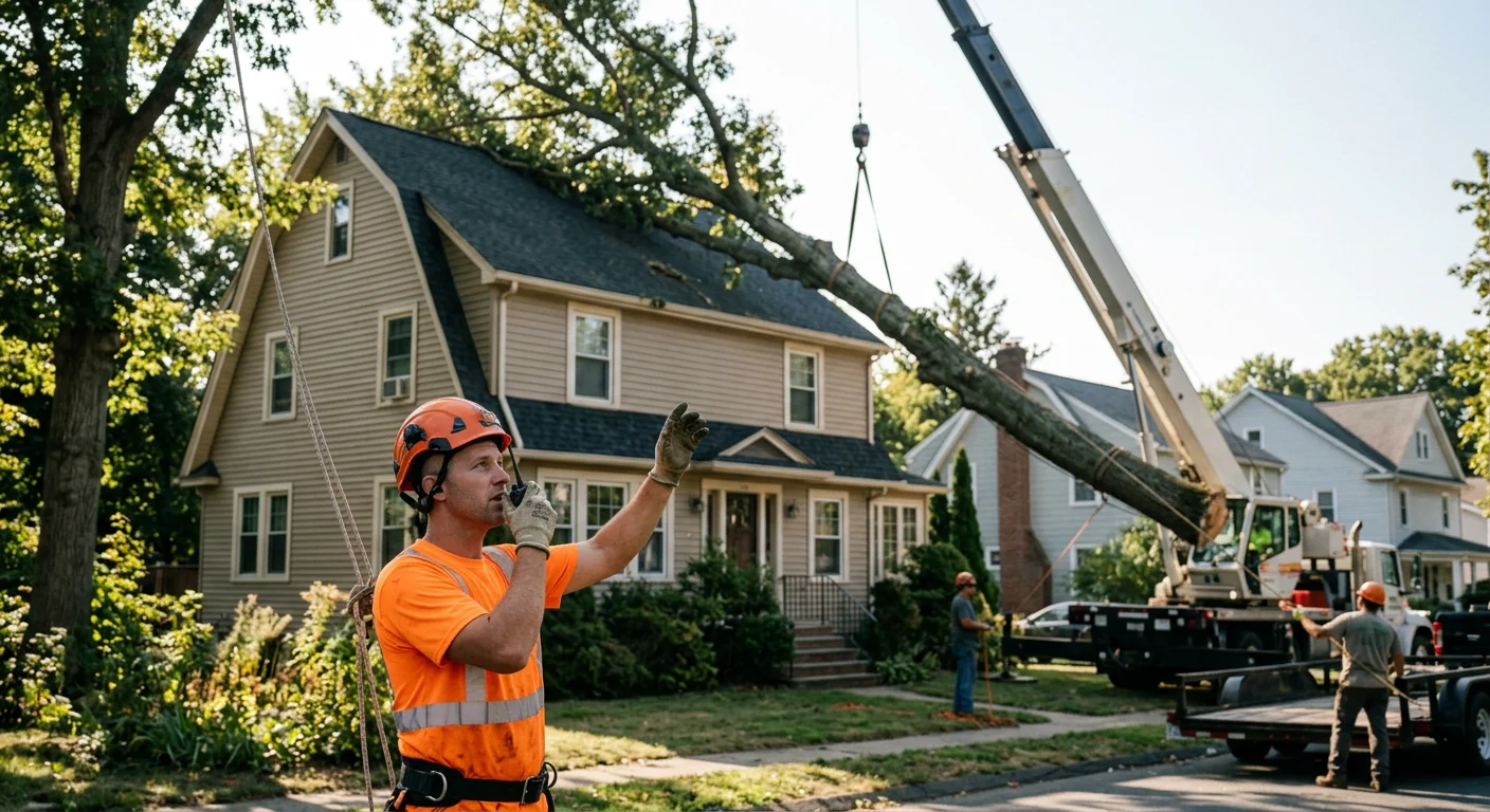 Arborist directing crane pick over a home during tree removal in Ansonia