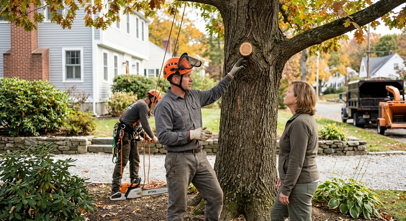 Arborist assessing a storm-damaged tree leaning against a home in Ansonia