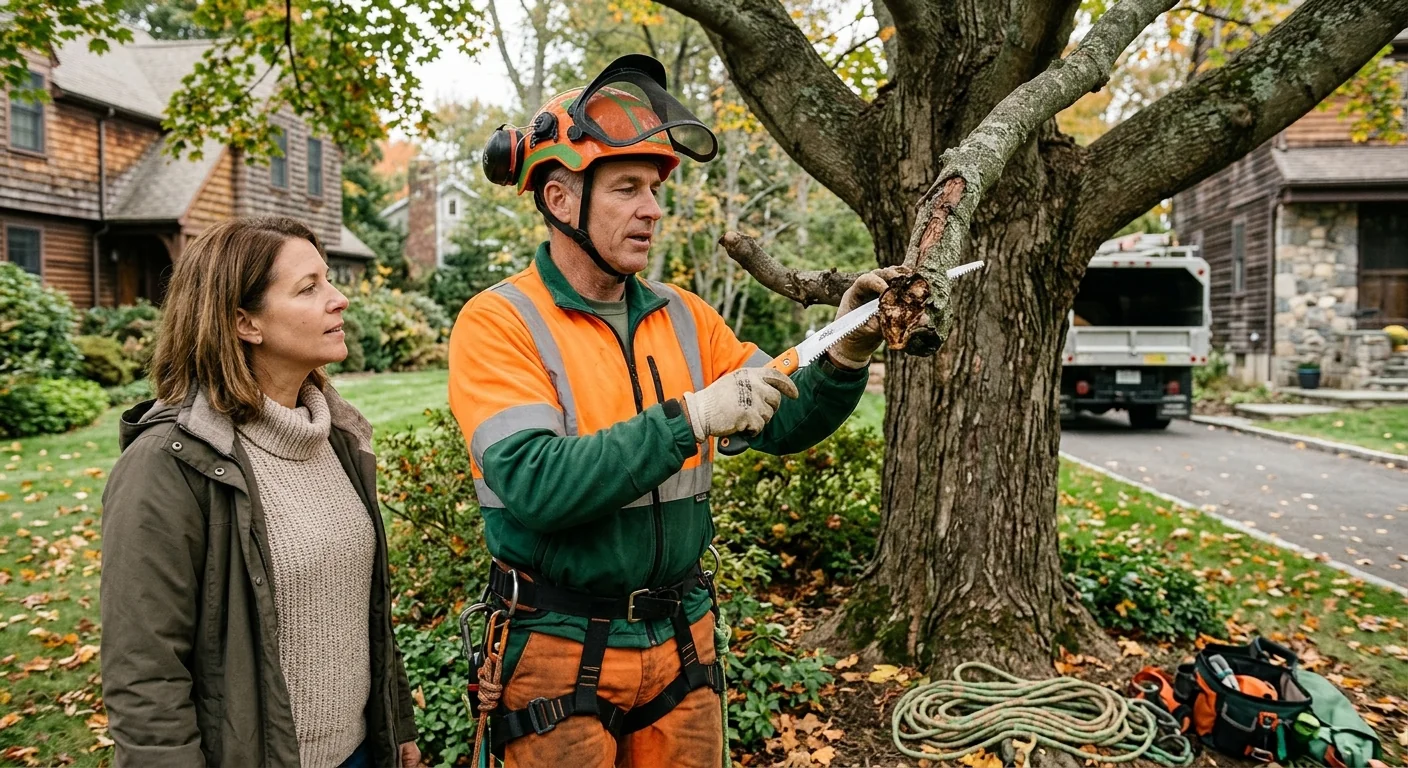 Emergency tree crew clearing a storm-damaged tree from an Ansonia property