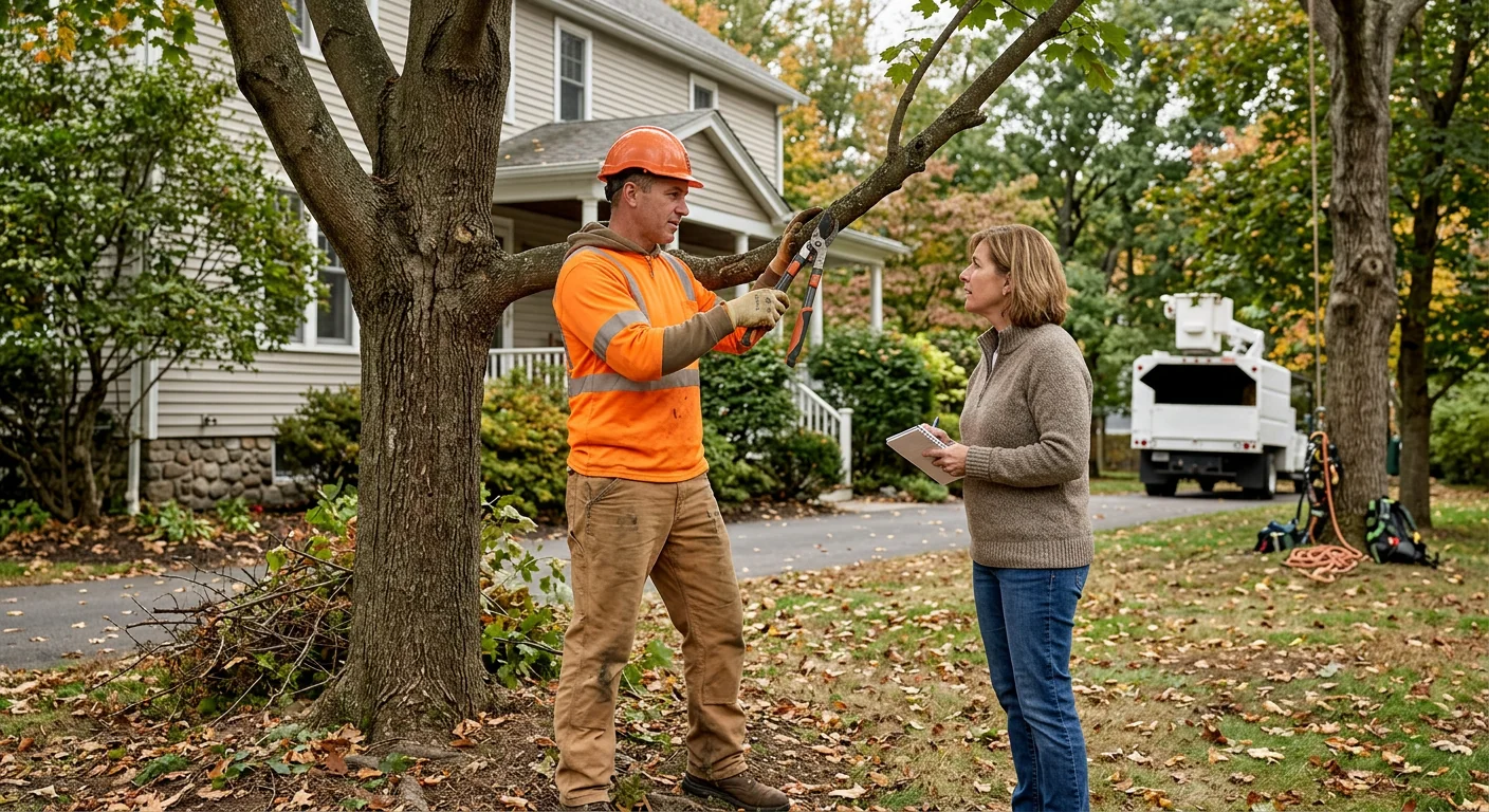 Arborist rigging a storm-damaged tree limb away from a home in Ansonia