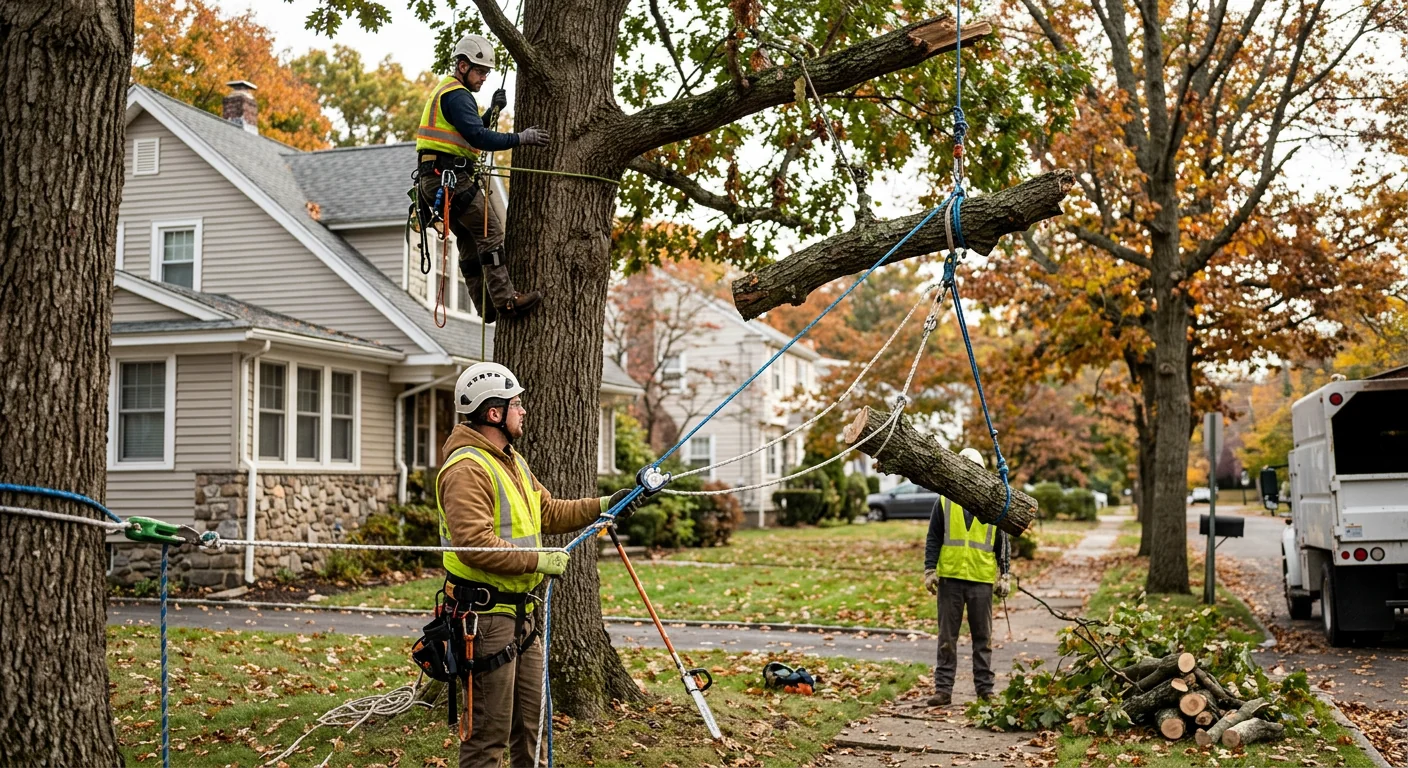 Tree crew using rigging lines to safely lower storm-damaged limbs in Ansonia