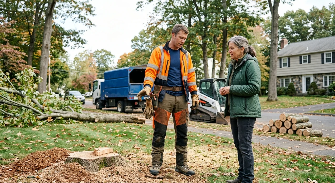 Arborist reviewing completed emergency removal work with a homeowner after cleanup