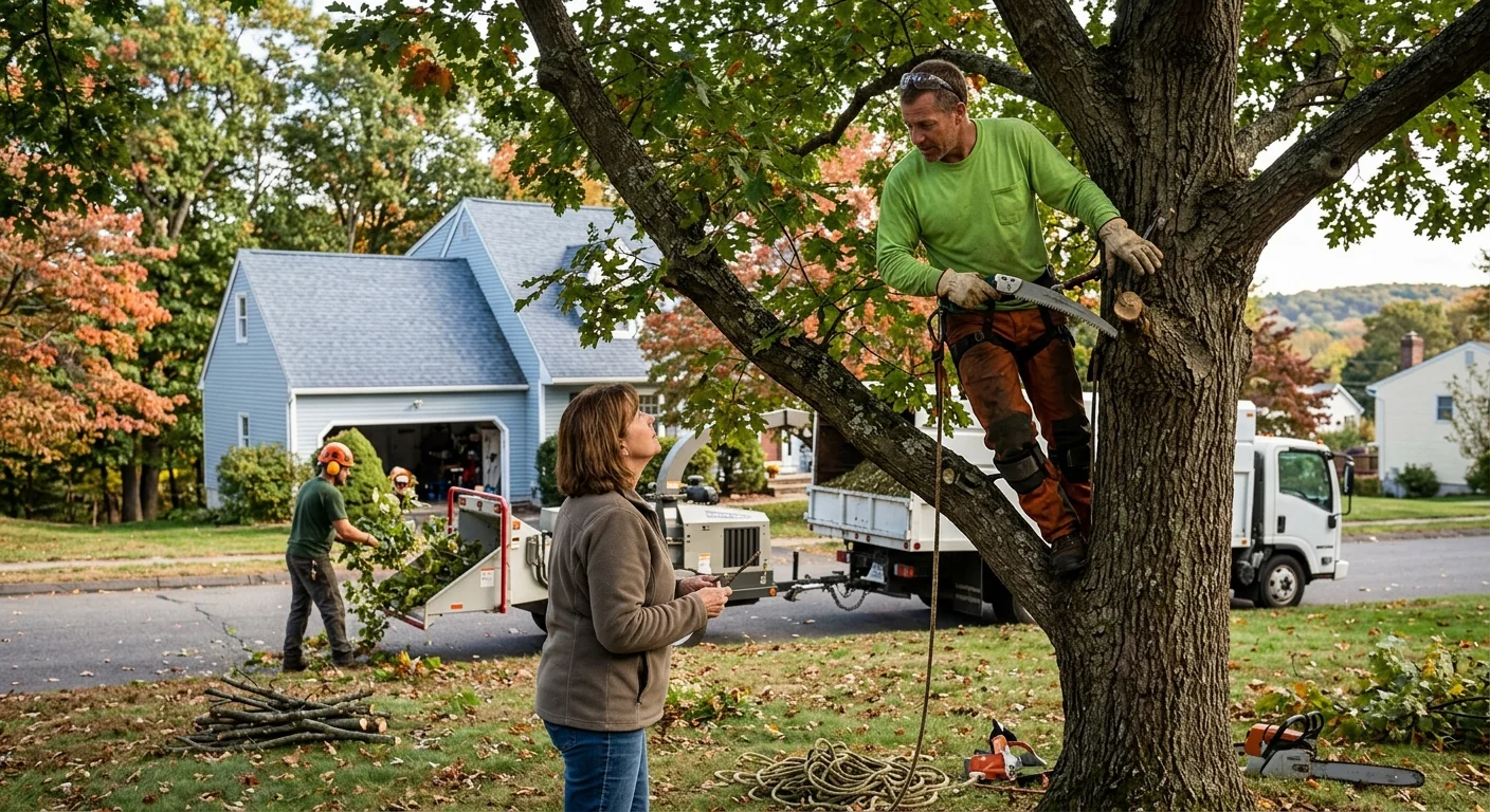 Arborist rigging a compromised leaning tree near a home in Ansonia
