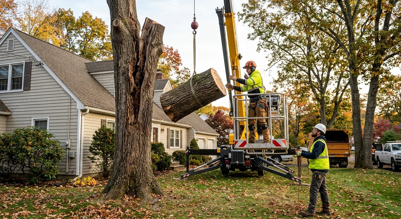 Crane-assisted hazardous tree removal in progress at an Ansonia residential property