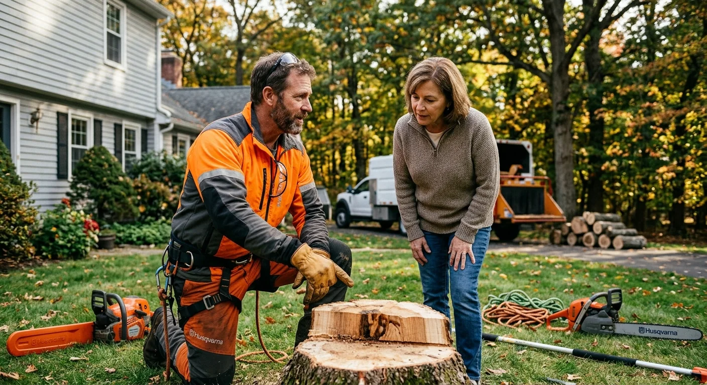 Arborist reviewing post-removal walkthrough with a homeowner in Ansonia yard