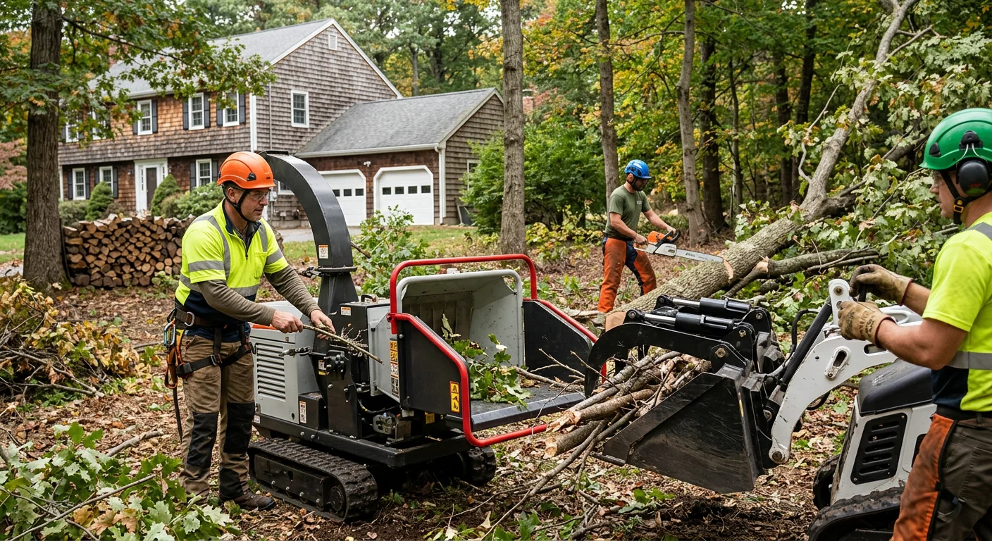 Crew operating clearing equipment on a wooded residential parcel in Ansonia