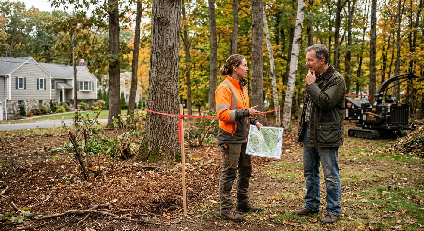 Homeowner reviewing cleared lot boundaries with tree service specialist