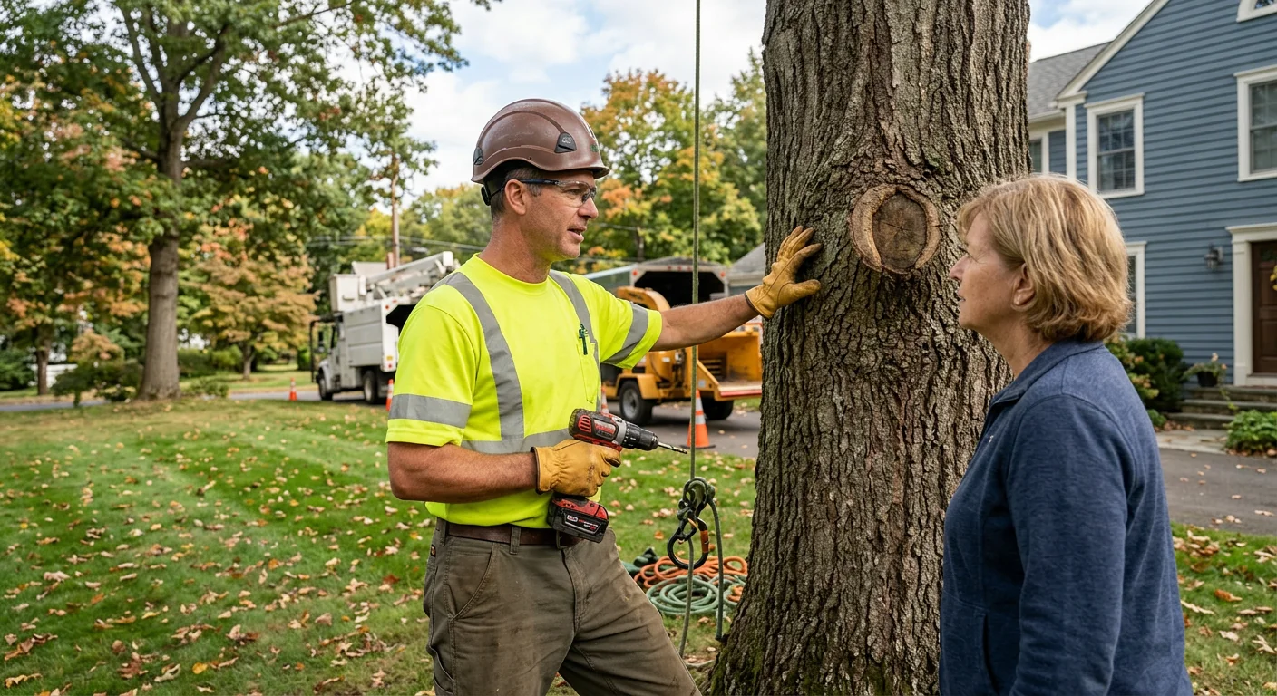 Arborist assessing storm-damaged trees on an Ansonia property after severe weather