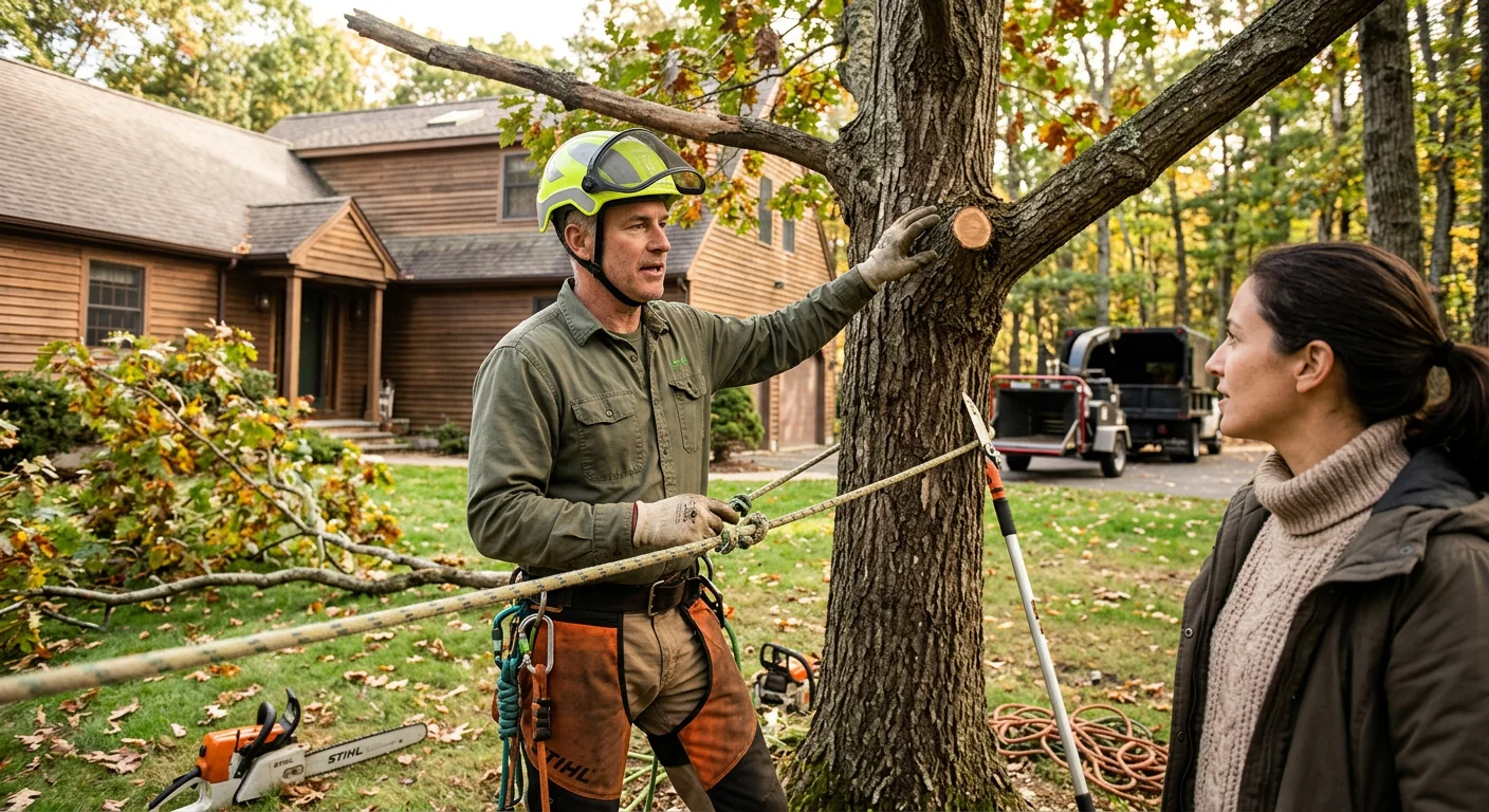 Crew clearing a storm-damaged tree from a residential yard in Ansonia