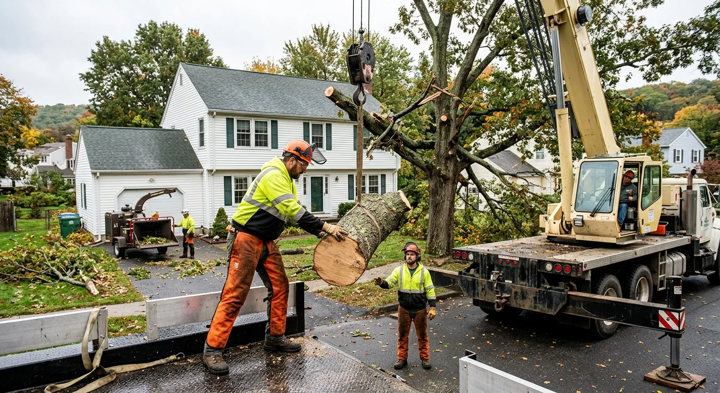 Crew performing crane-assisted storm damage tree cleanup near an Ansonia home