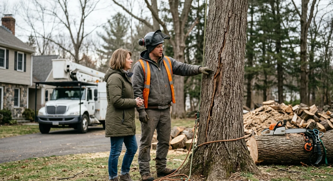 Arborist explaining storm-stressed tree condition to homeowner during property walkthrough