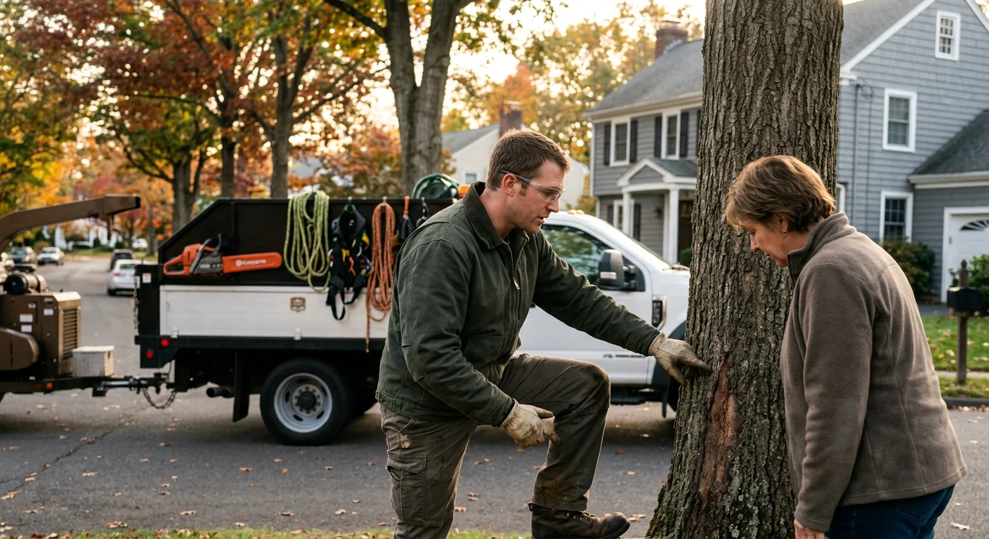 Technician operating a stump grinder on a residential Ansonia lawn