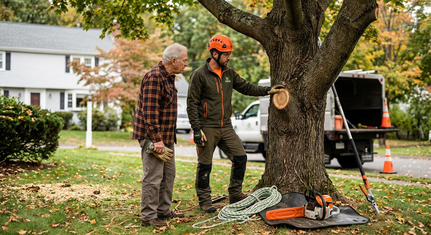 Stump grinder reducing a tree stump below grade on an Ansonia residential lawn