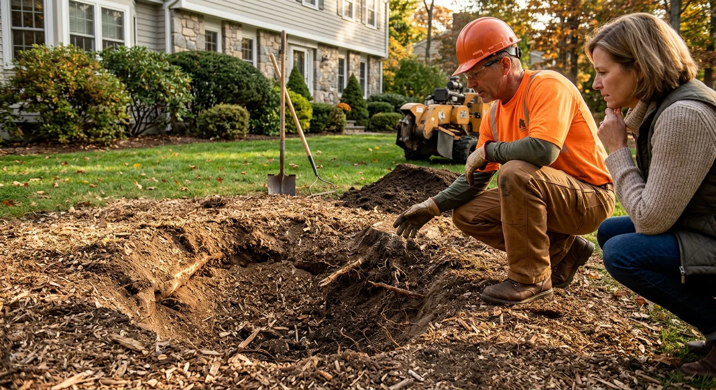 Ground-level view of a freshly ground stump cavity ready for backfill