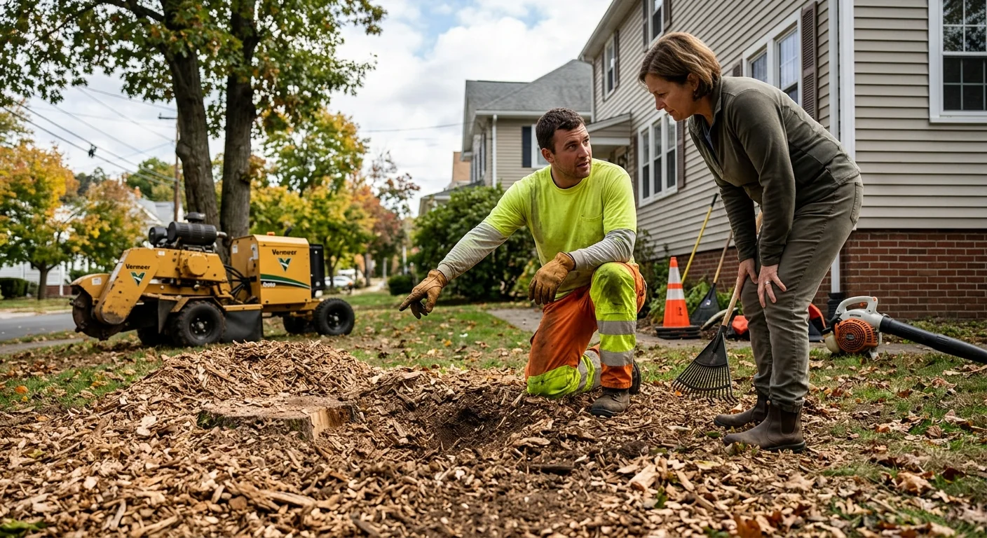 Technician reviewing completed stump grinding results with an Ansonia homeowner