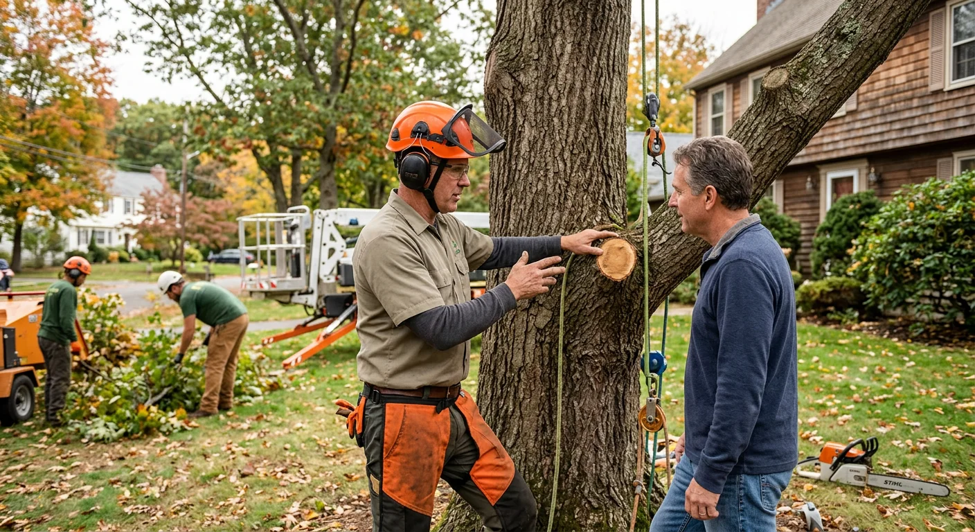 Arborist installing steel support cable in a mature backyard oak canopy in Ansonia