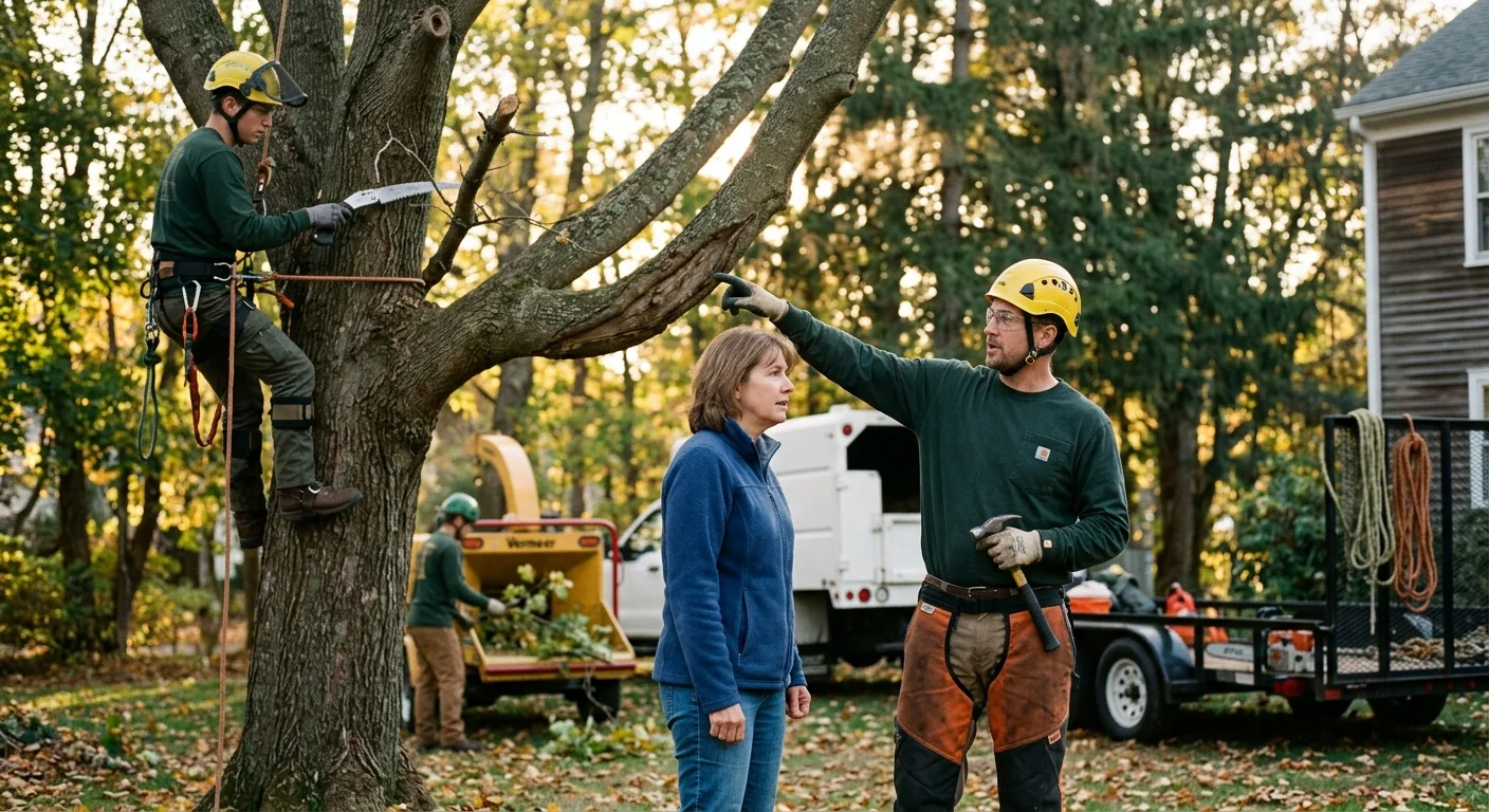 Arborist installing support cable in a mature tree canopy in Ansonia