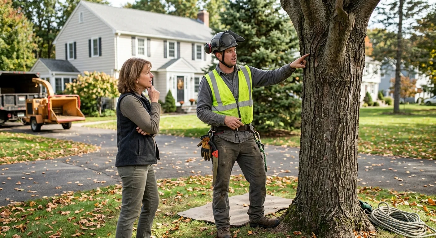 Arborist installing support cable in a mature oak canopy in Ansonia