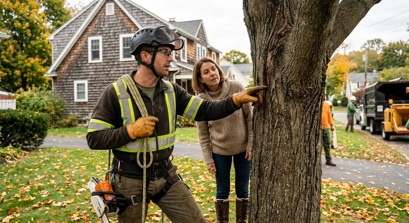 Cracked co-dominant stem union on a mature tree needing structural support in Ansonia