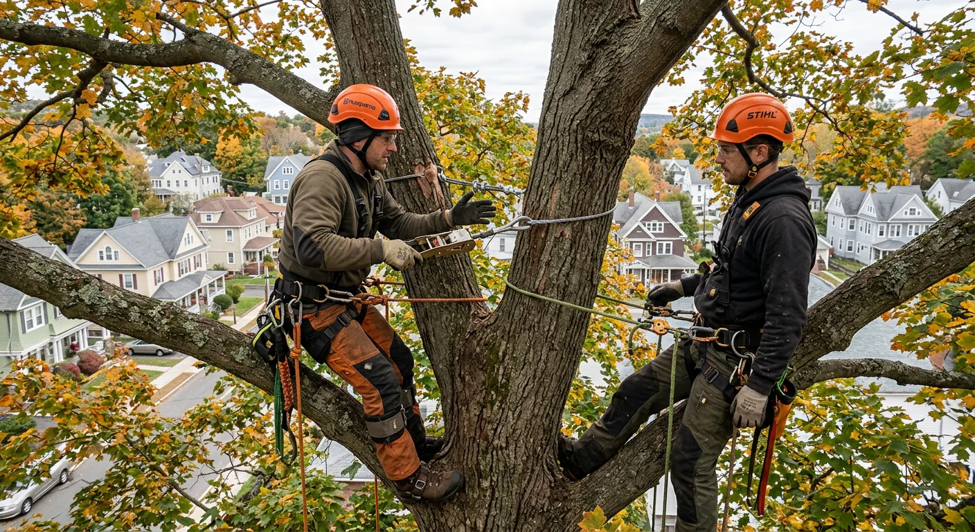 Two arborists tensioning a support cable high in a split-trunk maple in Ansonia