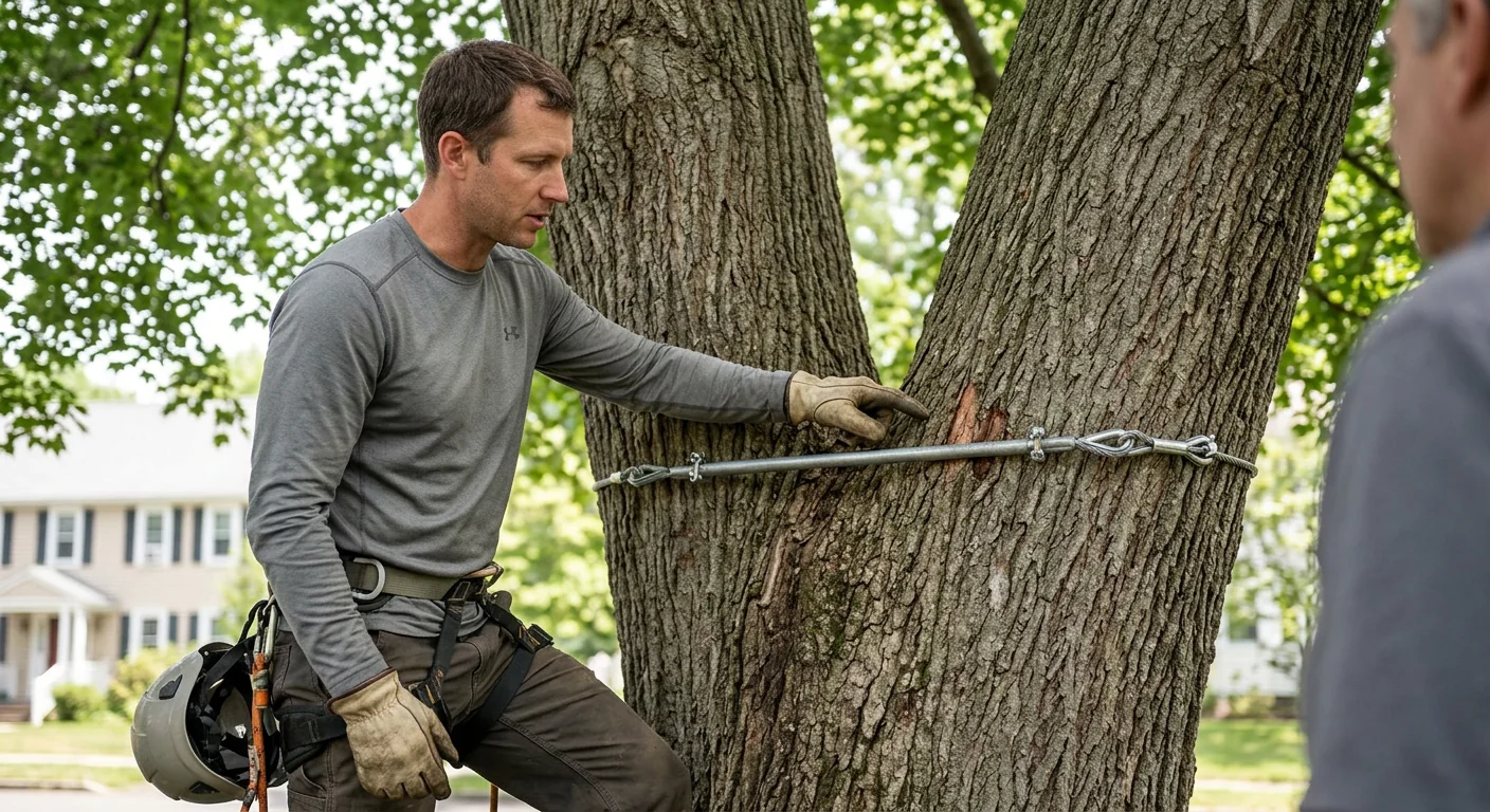Close inspection of a braced branch union with steel rod on a residential shade tree