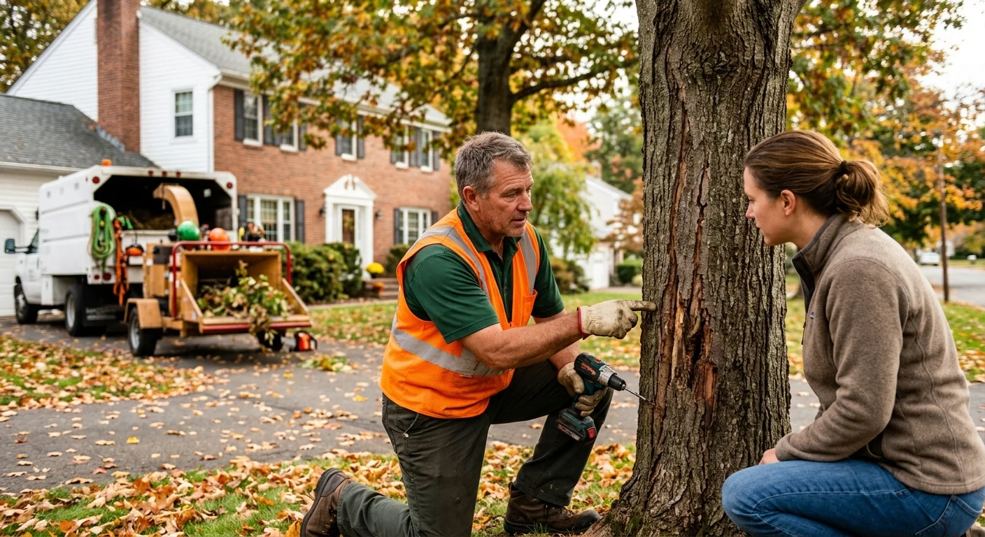 Arborist inspecting a mature tree canopy during a health assessment in Ansonia