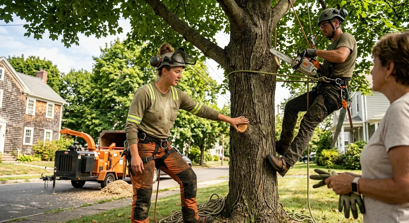 Arborist inspecting a mature shade tree canopy on an Ansonia residential property