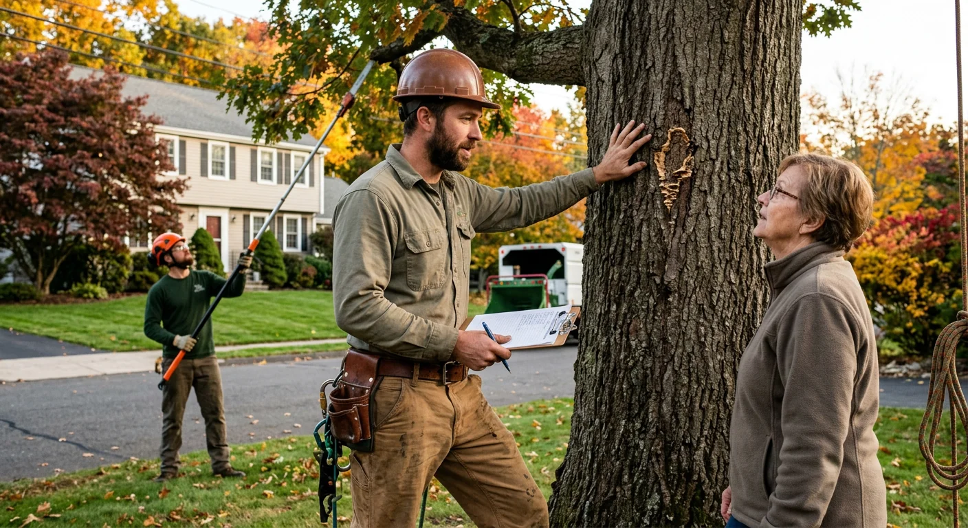 Arborist inspecting a mature shade tree canopy on an Ansonia residential property