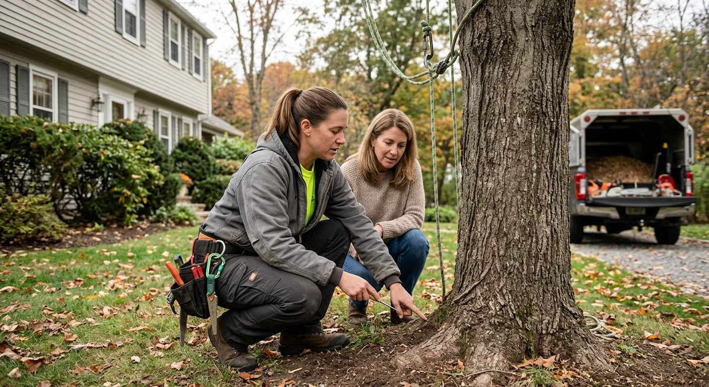 Certified arborist evaluating bark and root flare on a residential tree in Ansonia