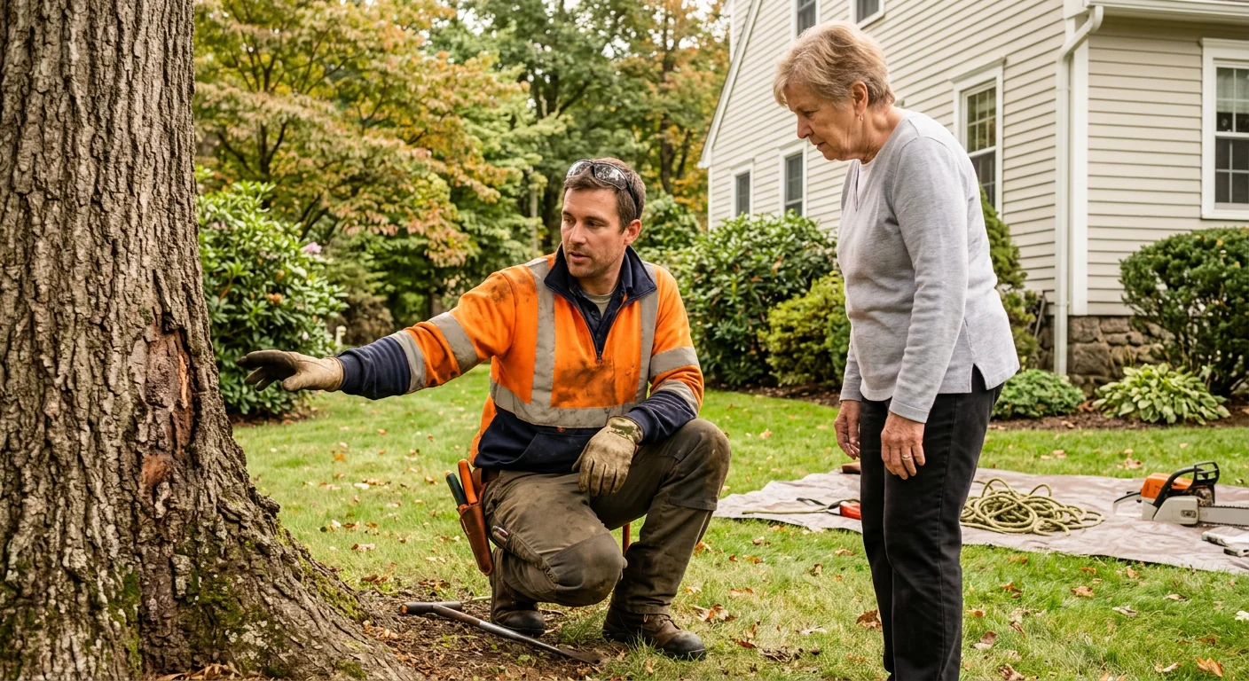 Arborist positioning a young shade tree in prepared soil on an Ansonia property