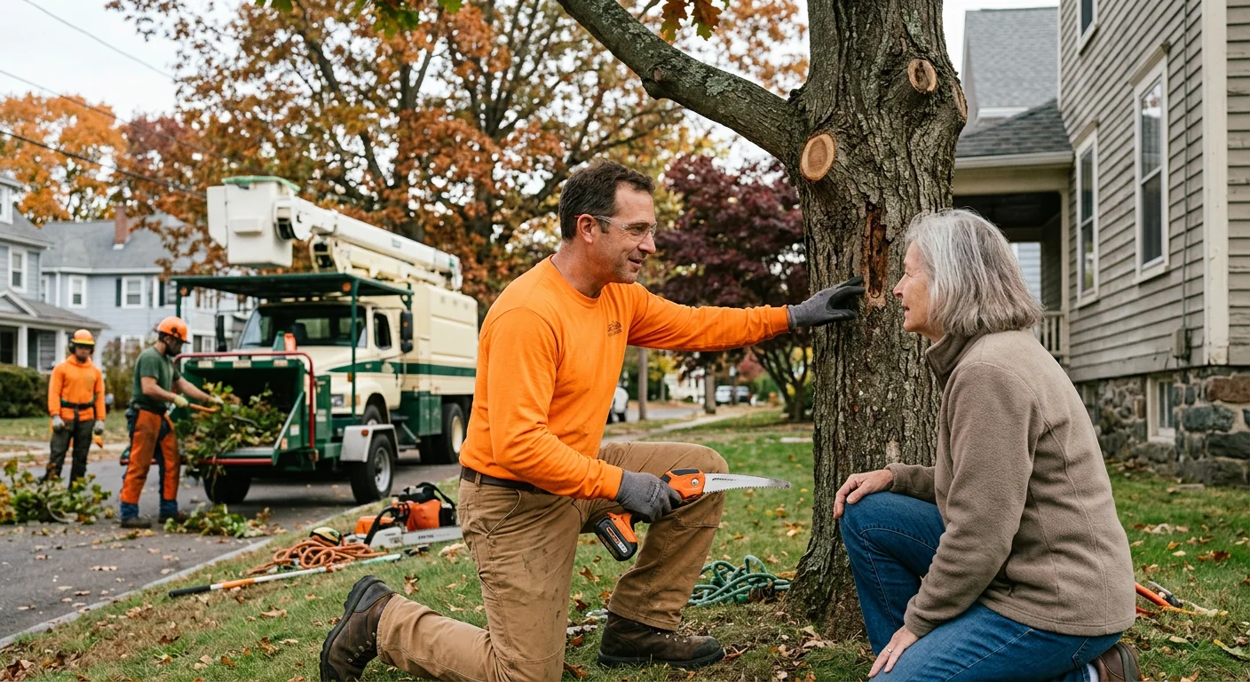 Arborist positioning a young tree for careful planting on an Ansonia residential property