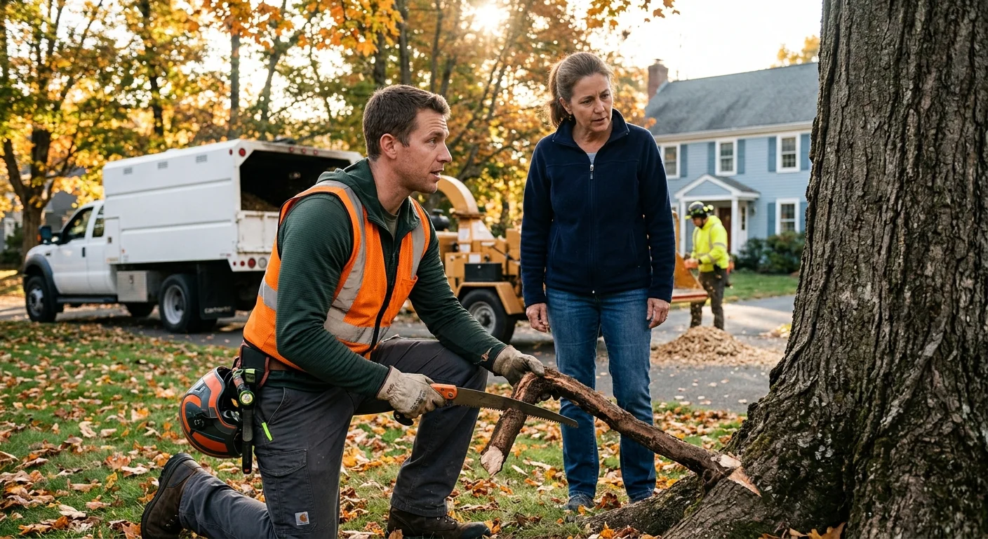 Arborist setting a young tree root ball at grade on an Ansonia residential lawn