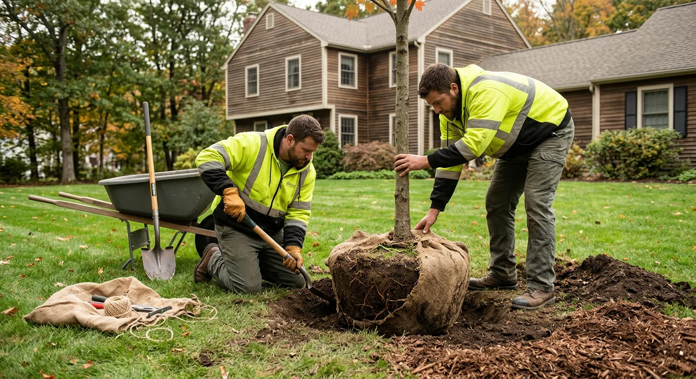 Crew planting a balled-and-burlapped tree with proper root-flare depth in Ansonia