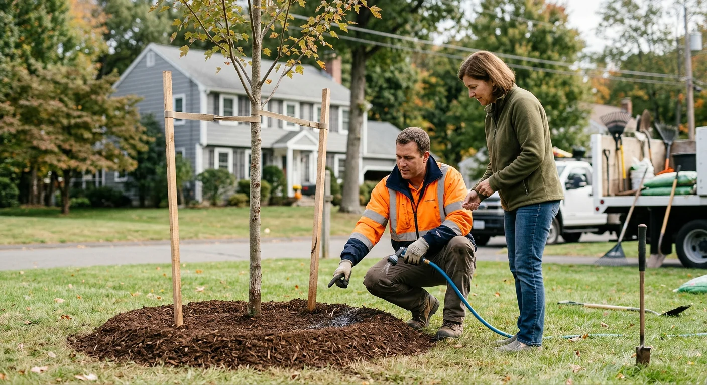 Newly planted shade tree with fresh mulch ring on a residential Ansonia lawn