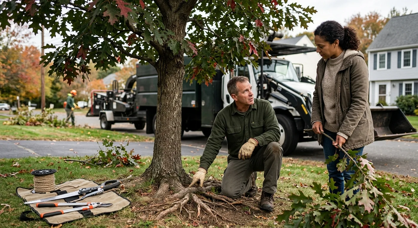 Arborist making precise reduction cuts on a mature shade tree canopy
