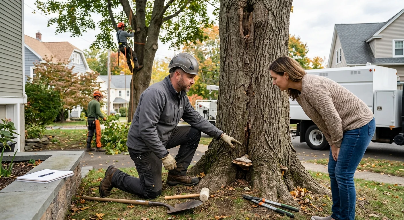 Arborist carefully pruning a mature shade tree canopy in an Ansonia backyard