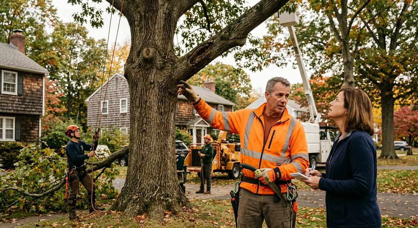 Overgrown tree canopy with crossing branches near a home requiring pruning in Ansonia