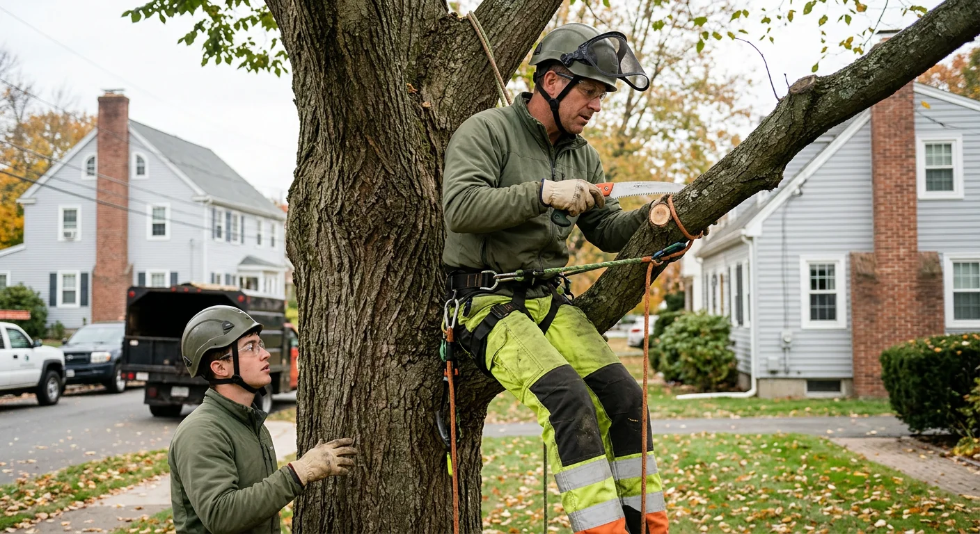 Trained arborist pruning branch collars on a residential shade tree in Ansonia