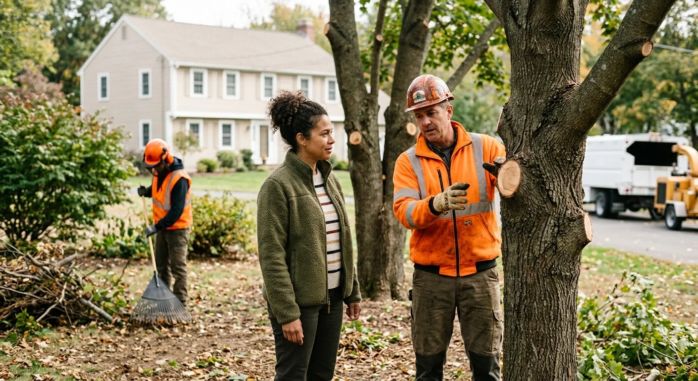 Homeowner reviewing pruning results with crew during a post-job property walkthrough