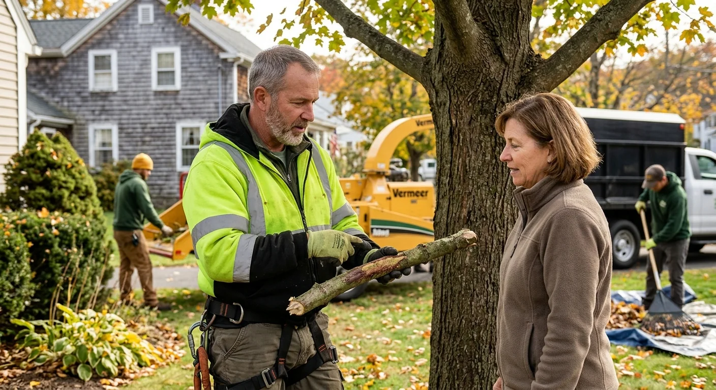 Arborist assessing a large tree for removal in an Ansonia backyard