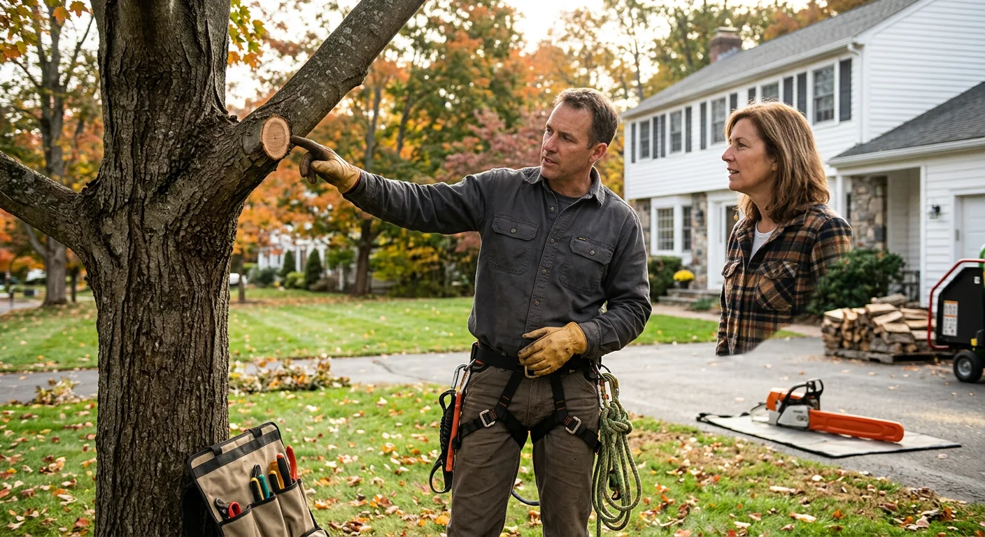 Arborist assessing a large tree for safe removal on an Ansonia residential property