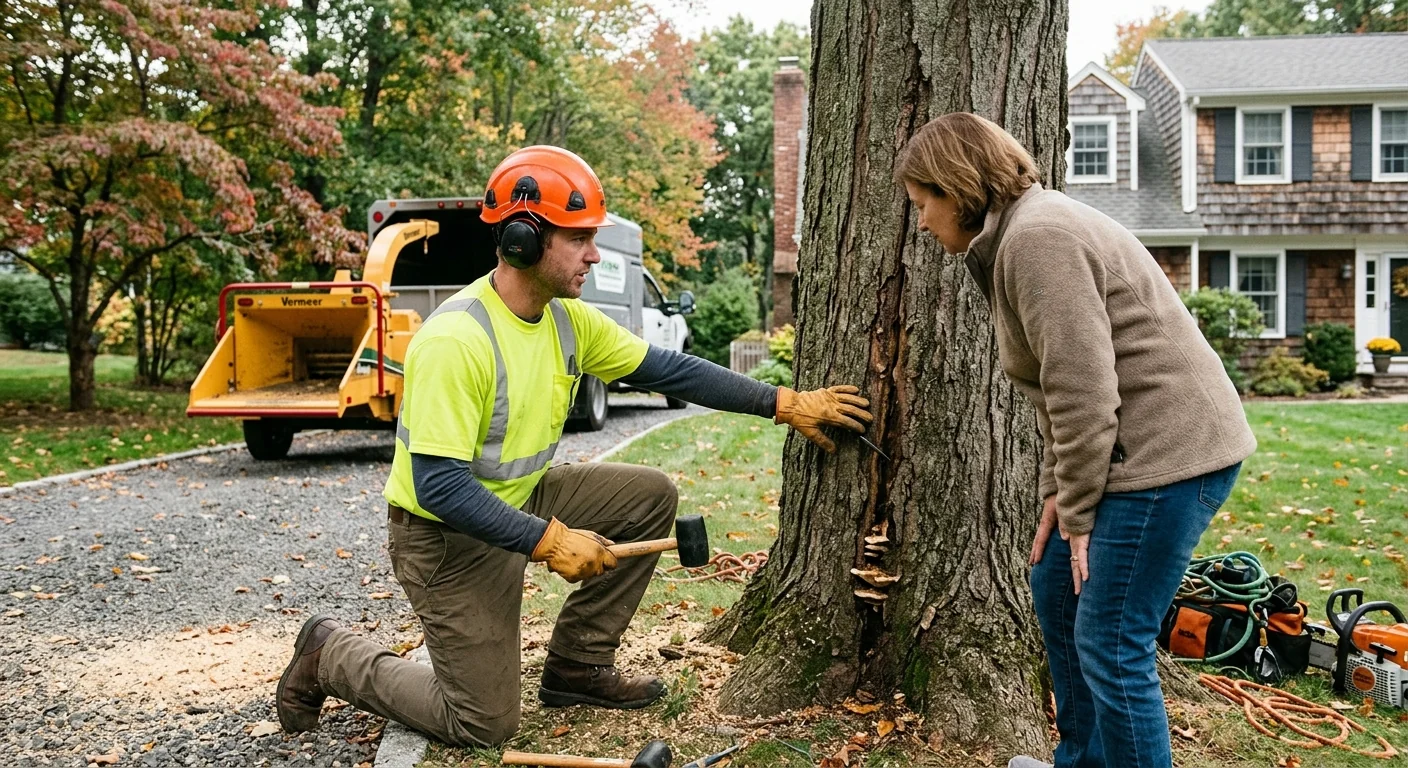 Arborist sectioning a large tree with rigging in an Ansonia backyard