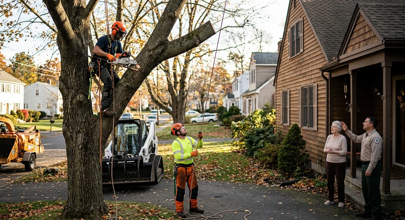 Crew performing sectional tree removal near a house in Ansonia