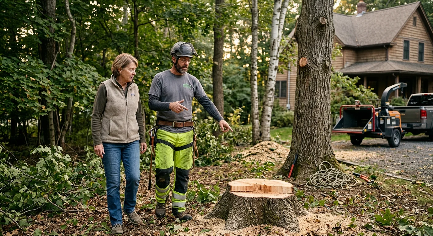 Arborist reviewing removal results with a homeowner during property walkthrough