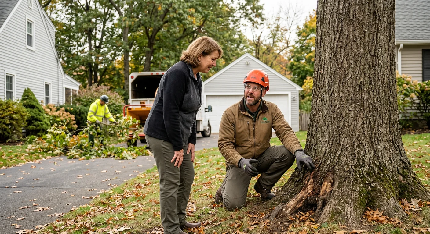 Arborist inspecting a mature hardwood for structural defects on an Ansonia property