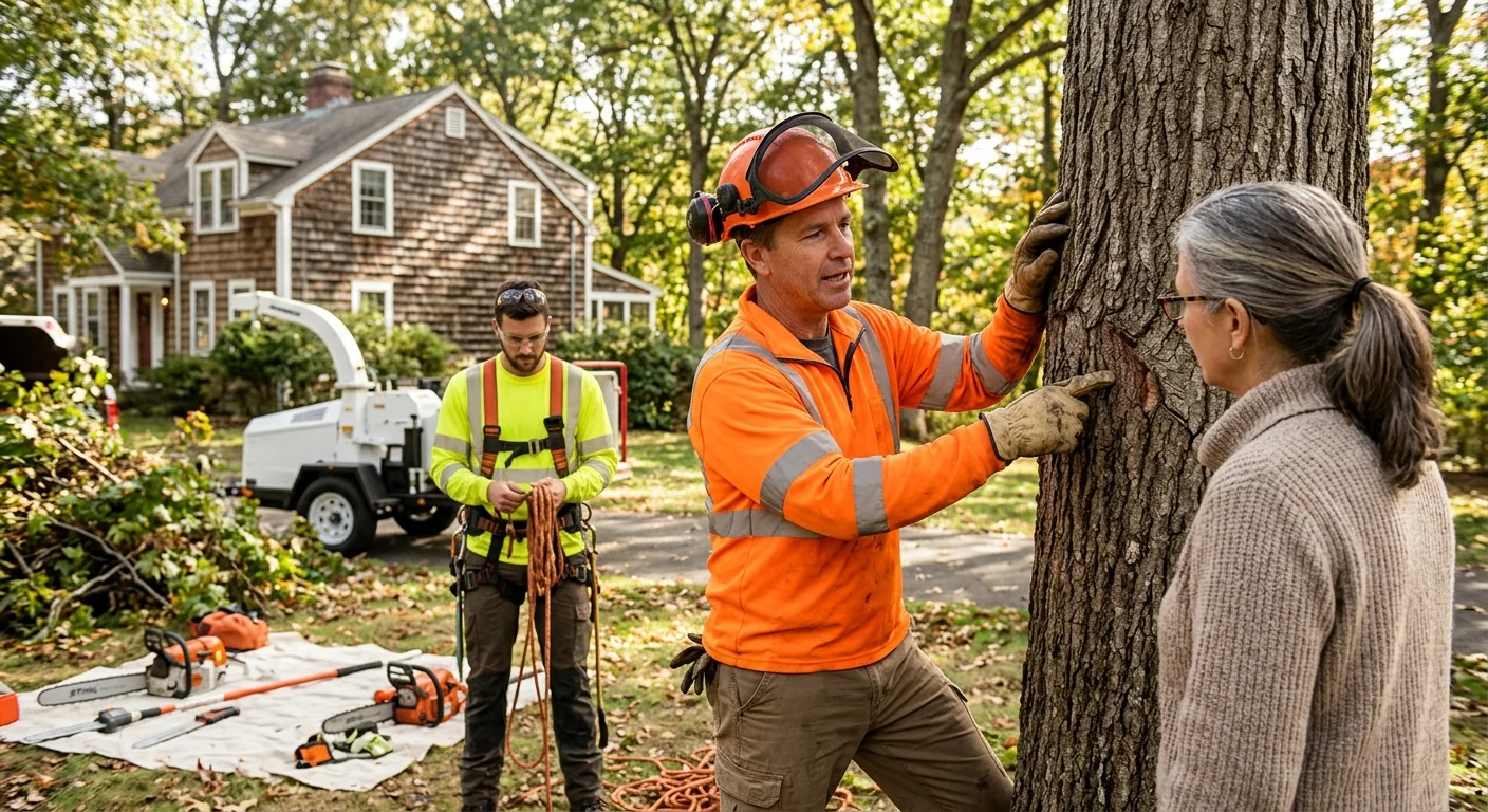 Certified arborist inspecting a mature oak for structural risk at an Ansonia home