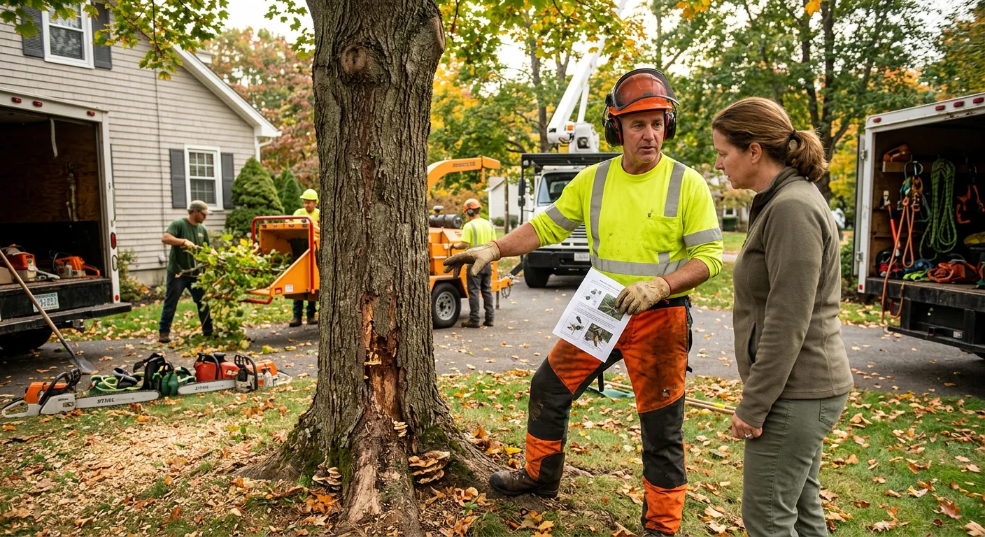 Arborist inspecting a mature tree trunk for structural defects on an Ansonia property