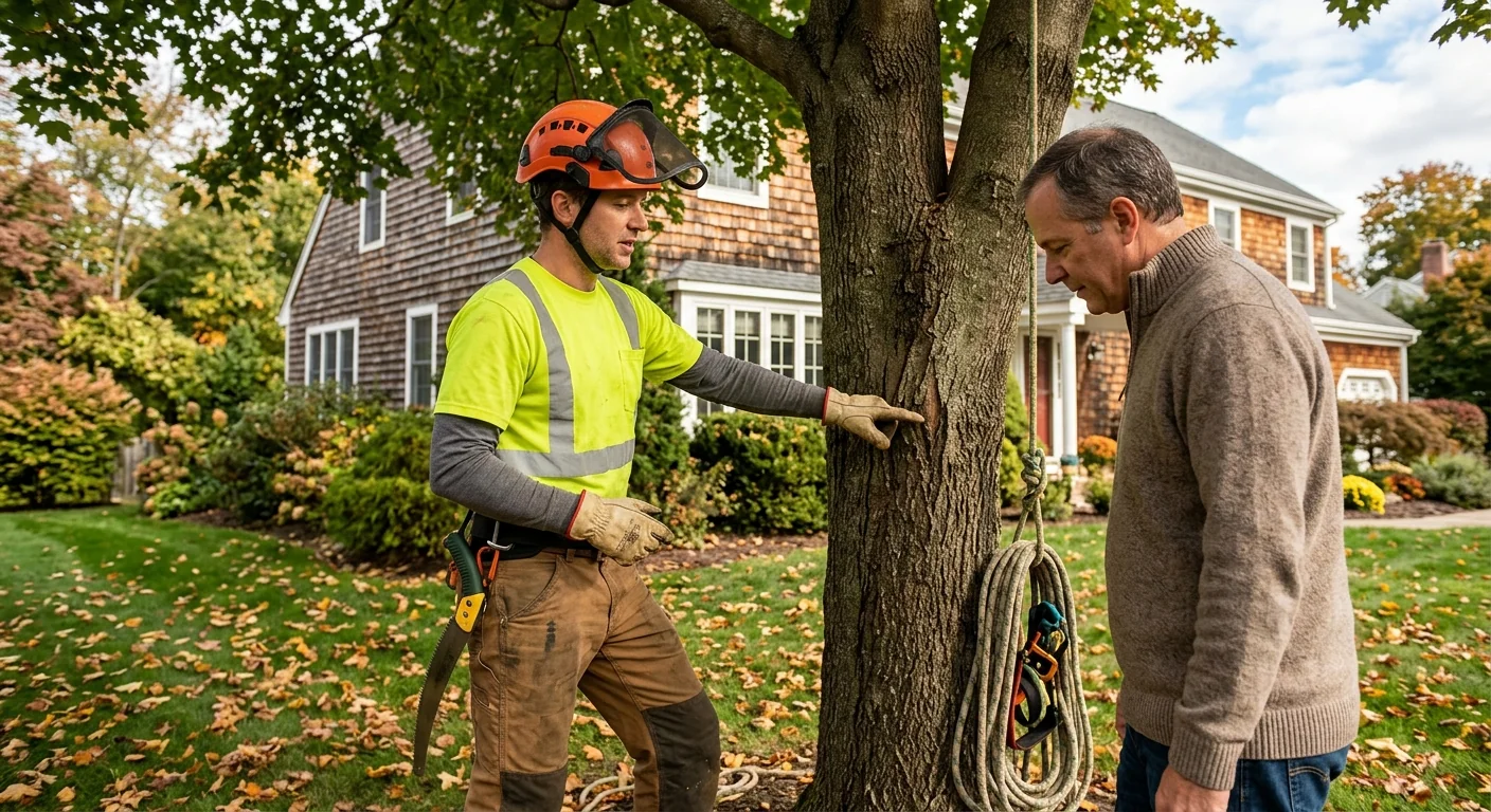 Cracked leaning tree with dead limbs near a home flagged during an Ansonia risk assessment